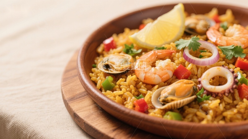 高清大图下载【趣麦麦图】海鲜饭配柠檬与蔬菜