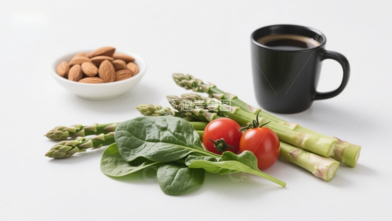 高清大图下载【趣麦麦图】新鲜蔬菜坚果与咖啡组合