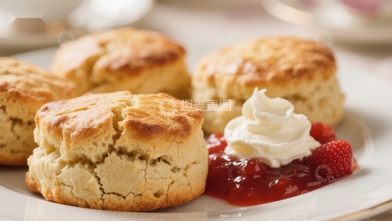 高清大图下载【趣麦麦图】新鲜出炉的司康饼配奶油和果酱