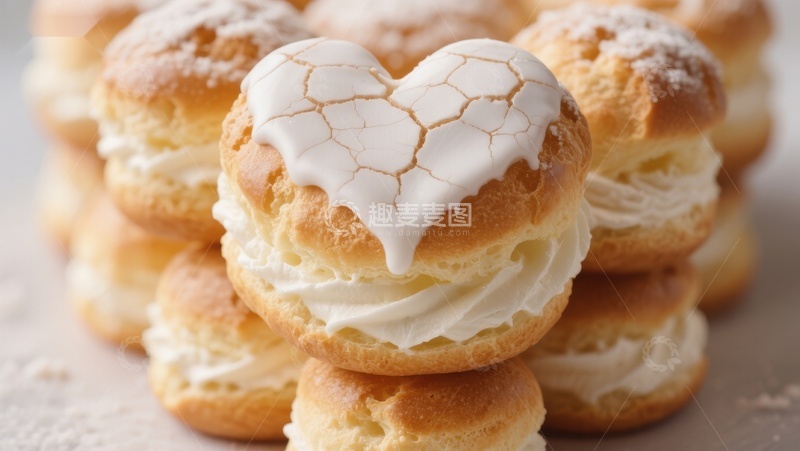 高清大图下载【趣麦麦图】心形奶油泡芙堆叠特写
