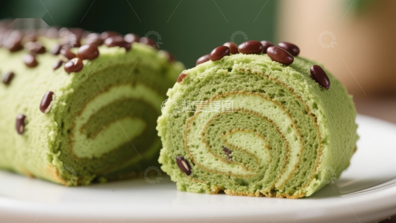 高清大图下载【趣麦麦图】抹茶红豆蛋糕卷