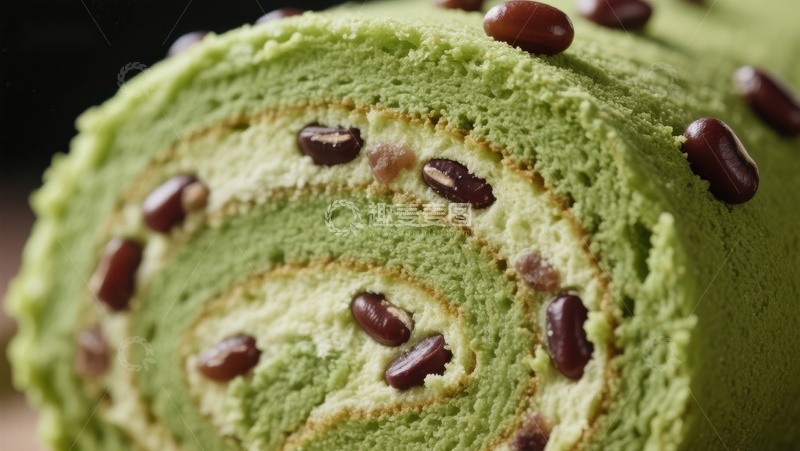 高清大图下载【趣麦麦图】-抹茶红豆蛋糕卷特写