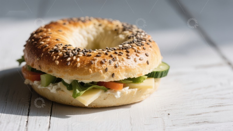 高清大图下载【趣麦麦图】芝麻贝果夹蔬菜奶酪三明治