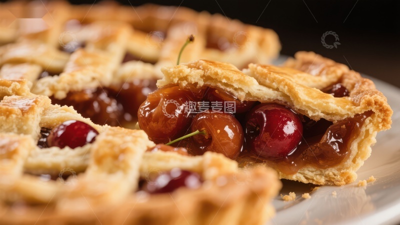 高清大图下载【趣麦麦图】樱桃派特写，金黄色酥皮与鲜红果馅