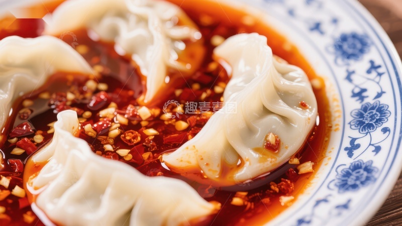 高清大图下载【趣麦麦图】麻辣水饺，红油辣椒点缀