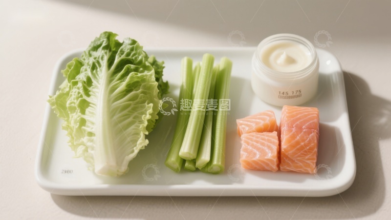 高清大图下载【趣麦麦图】盘中生菜芹菜三文鱼与酱料