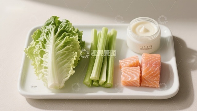 盘中生菜芹菜三文鱼与酱料