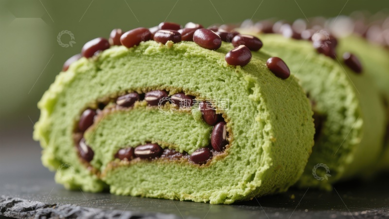 高清大图下载【趣麦麦图】-抹茶红豆蛋糕卷