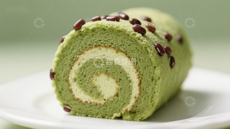 高清大图下载【趣麦麦图】-抹茶蛋糕卷，点缀红豆