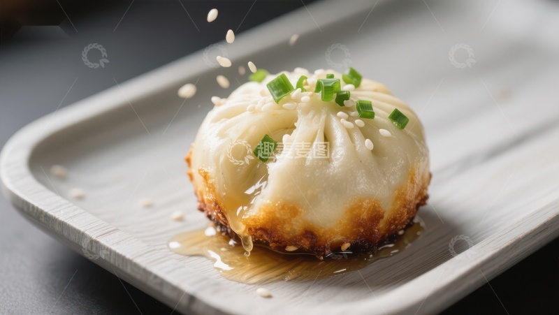 高清大图下载【趣麦麦图】煎制小笼包，葱花点缀