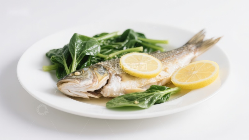 高清大图下载【趣麦麦图】清蒸鱼配柠檬与菠菜
