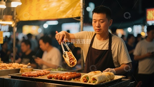 夜市摊主正在制作美味香肠