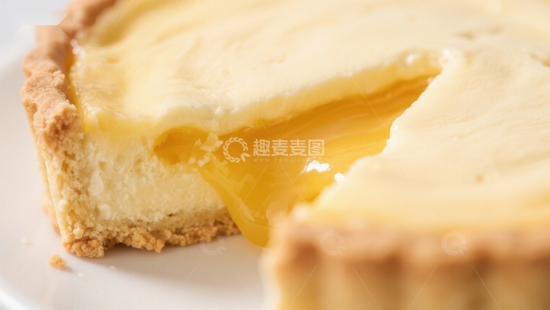 高清大图下载【趣麦麦图】奶油蛋挞特写，切开一角展示内馅