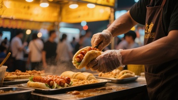 夜市摊位热卖香肠美食