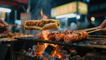 夜市烤肠美食，炭火炙烤香气四溢