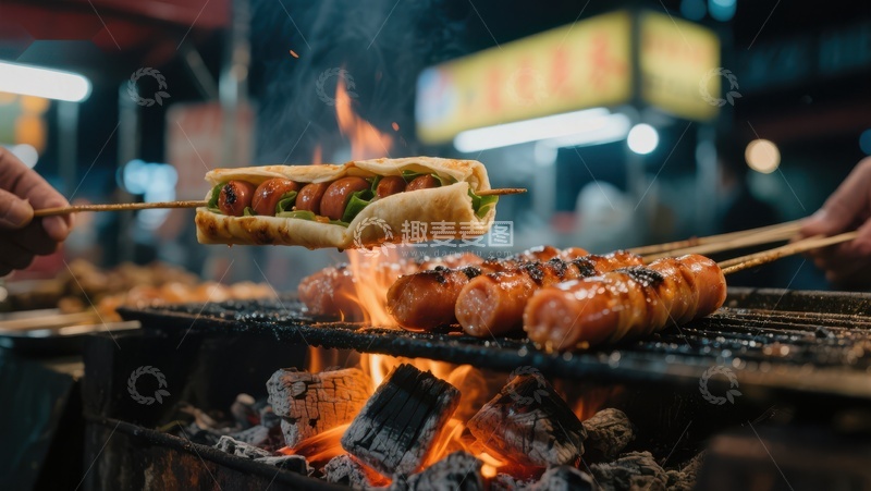 高清大图下载【趣麦麦图】夜市烤肠美食，炭火炙烤香气四溢