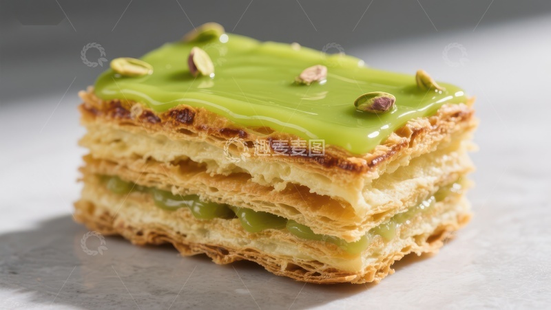 高清大图下载【趣麦麦图】绿色奶油夹层酥皮糕点