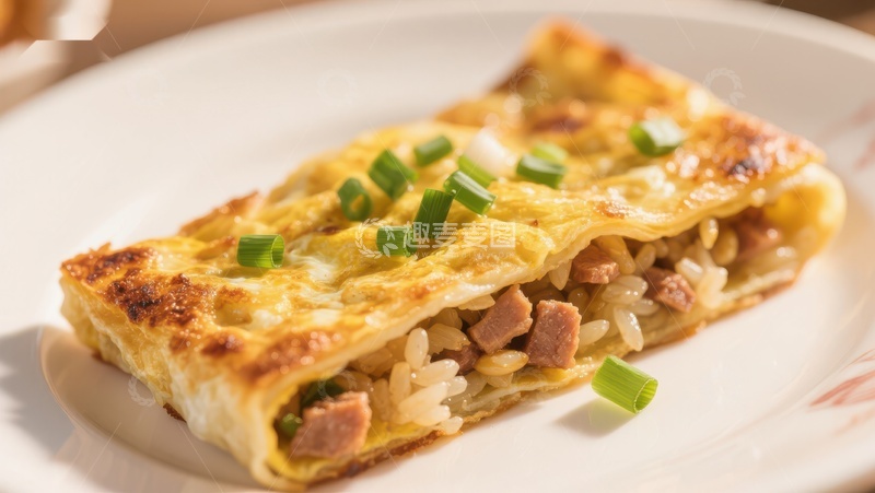 高清大图下载【趣麦麦图】蛋包饭卷，撒上葱花的美味佳肴