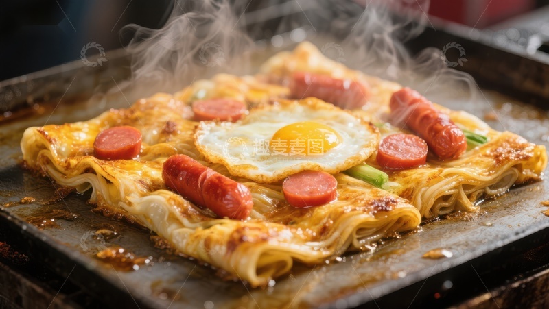 高清大图下载【趣麦麦图】热气腾腾的煎饼配香肠和煎蛋