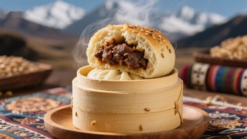 热腾腾的肉馅包子与雪山背景