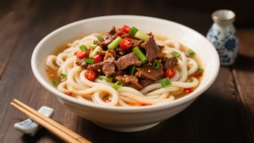 牛肉面配青椒与红辣椒