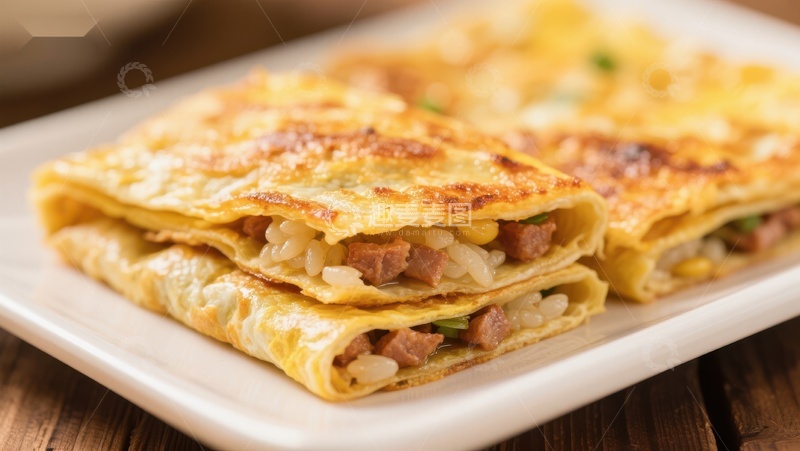 高清大图下载【趣麦麦图】金黄煎饼卷米饭，美味传统小吃