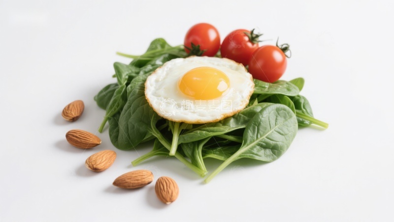 高清大图下载【趣麦麦图】煎蛋配菠菜樱桃番茄