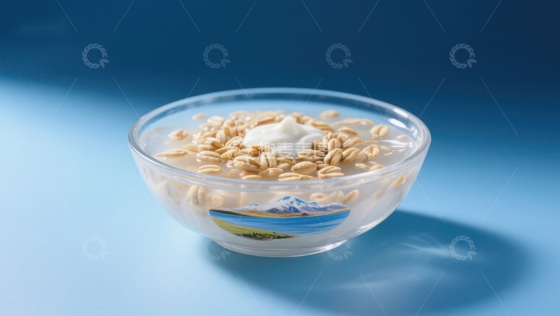 高清大图下载【趣麦麦图】燕麦酸奶碗，蓝色背景