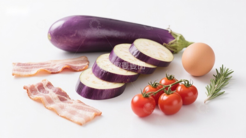 高清大图下载【趣麦麦图】食材组合：茄子、培根与番茄
