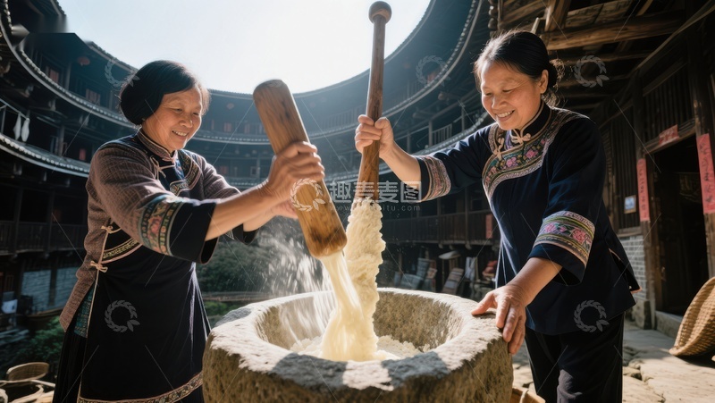 高清大图下载【趣麦麦图】传统技艺：妇女合力捣米