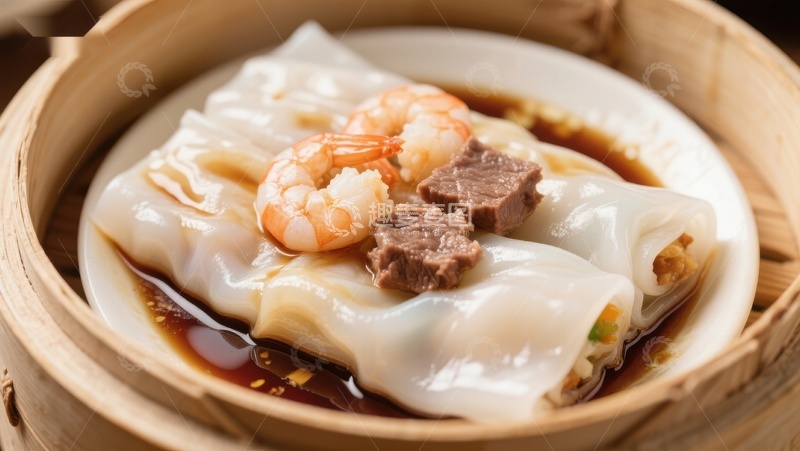 高清大图下载【趣麦麦图】鲜虾牛肉肠粉，传统蒸笼美食