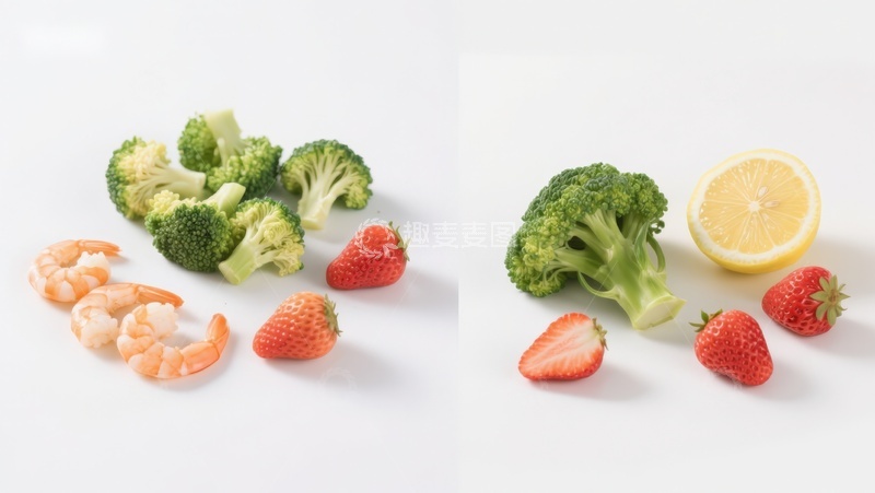 高清大图下载【趣麦麦图】虾仁西兰花草莓柠檬组合