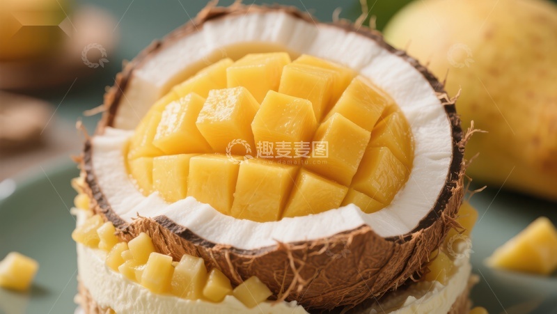 高清大图下载【趣麦麦图】椰壳盛装芒果丁创意美食