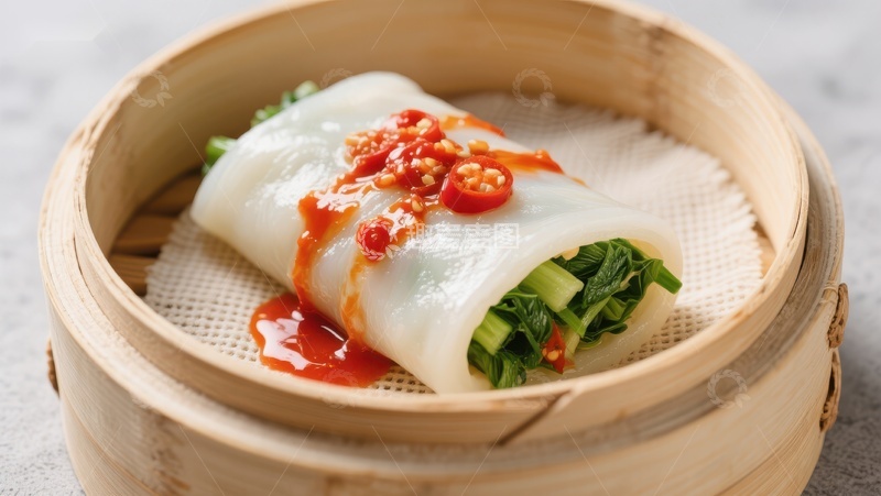 高清大图下载【趣麦麦图】蒸笼中的肠粉配辣椒酱
