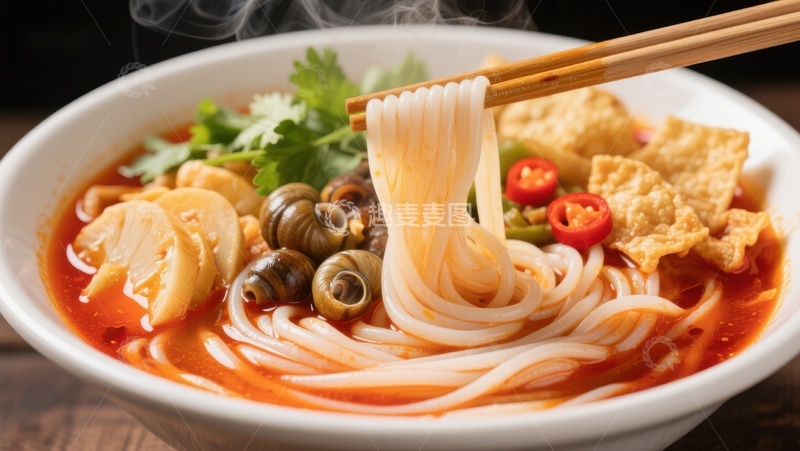 高清大图下载【趣麦麦图】热腾腾的螺蛳粉，搭配脆皮豆腐和香菜