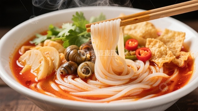 热腾腾的螺蛳粉，搭配脆皮豆腐和香菜