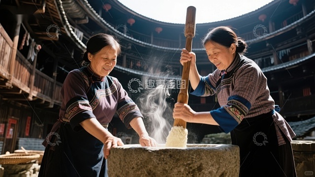 传统建筑内妇女共同制作食物