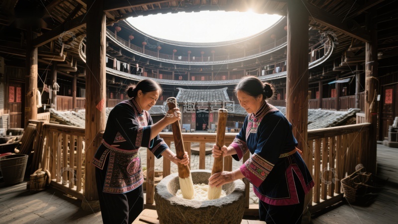 高清大图下载【趣麦麦图】传统客家土楼内妇女舂米