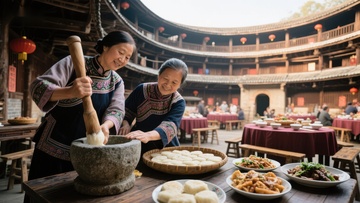 客家土楼内妇女制作传统美食