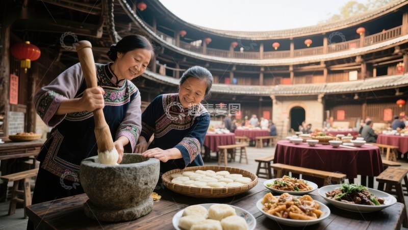 高清大图下载【趣麦麦图】客家土楼内妇女制作传统美食