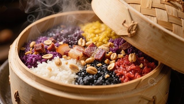 蒸笼中的五彩糯米饭