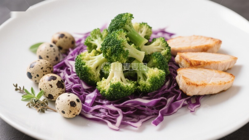 高清大图下载【趣麦麦图】西兰花鸡胸肉配紫甘蓝沙拉