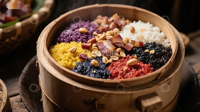 五彩糯米饭蒸笼特写