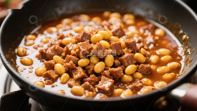 高清大图下载【趣麦麦图】豆类炖肉在锅中烹煮