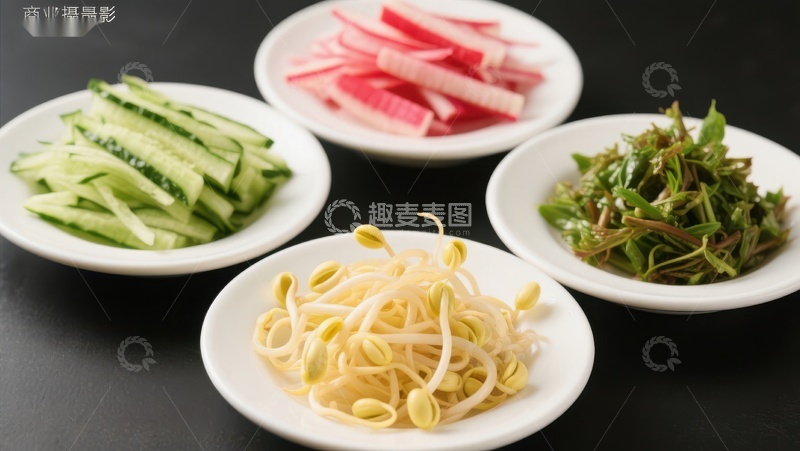 高清大图下载【趣麦麦图】四盘新鲜蔬菜的特写展示