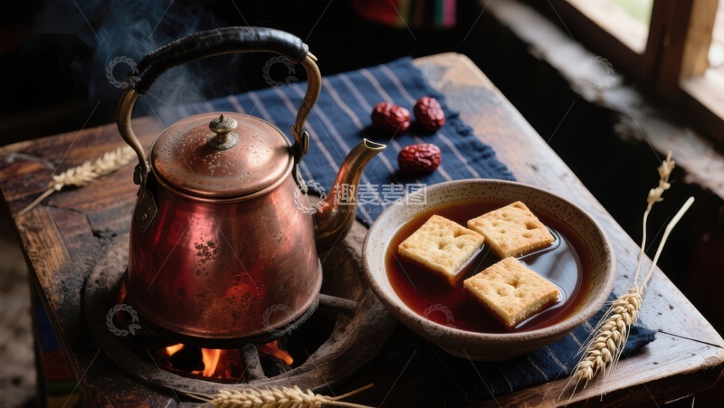 高清大图下载【趣麦麦图】铜壶热茶与饼干的温馨时光
