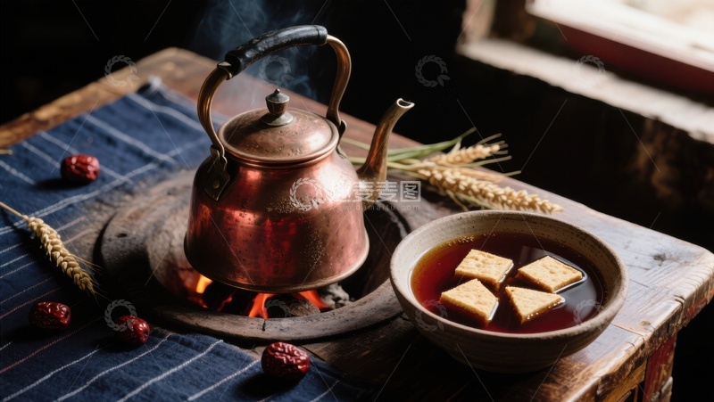 高清大图下载【趣麦麦图】铜壶煮茶，热气腾腾的中式茶点