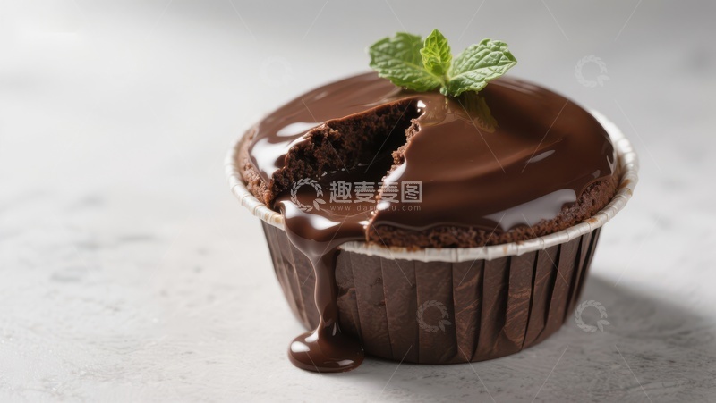 高清大图下载【趣麦麦图】巧克力熔岩蛋糕，搭配薄荷叶