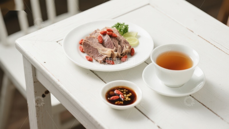 高清大图下载【趣麦麦图】精致餐桌：肉片配茶与调料
