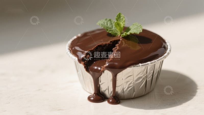 高清大图下载【趣麦麦图】巧克力甜品，表面光滑，点缀薄荷叶